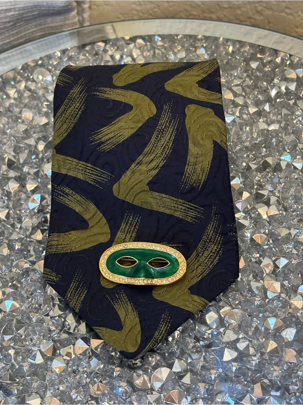 Vintage Italian Silk Tie + Jeweled Green Mask Brooch | Chic Accessory Set